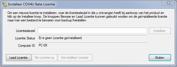 Instellingen COV4U Balie 13 Instelling Web proxy 3.3 Licentie De licentie instelling is te bereiken via menu-optie "Installeer licentie".