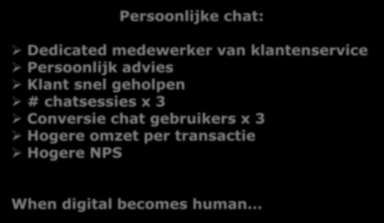 Lessons learned: Chat Persoonlijke chat: Dedicated medewerker van klantenservice Persoonlijk advies Klant snel