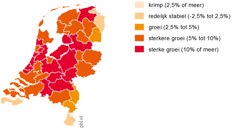 Net als het aantal inwoners groeit ook het aantal huishoudens in de Randstadregio s sterk, met 5 tot 10 procent, of zeer sterk, met 10 procent of meer.