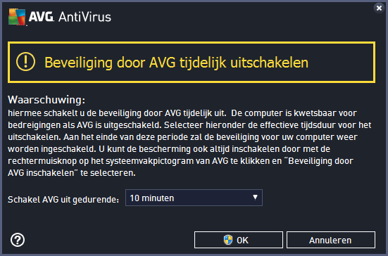 Klik op de knop Beveiliging door AVG tijdelijk uitschakelen. Stel in het dialoogvenster Beveiliging door AVG tijdelijk uitschakelen in hoe lang AVG AntiVirus moet worden uitgeschakeld.