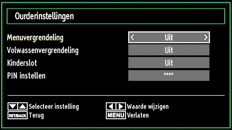 Taalinstellingen Nadat het correcte PIN-nummer wordt ingevoerd, verschijnt het ouderlijke instellingen menu: In het Configuratiemenu markeert u het Taal item door op de of toetsen te drukken.