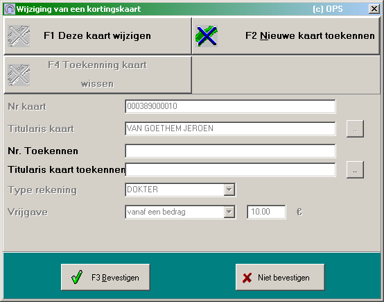 Volgend informatiescherm wordt geopend: Klik op de knop Kaart wijzigen. Een nieuw venster wordt geopend. Klik dan op F2 Nieuwe kaart toekennen.