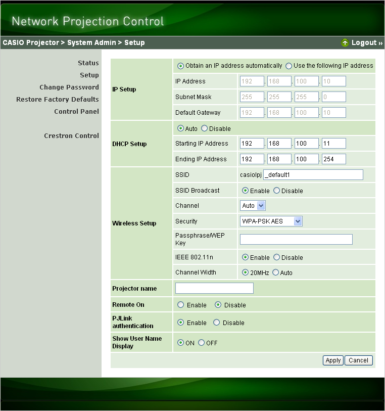 Configureren van de netwerkinstellingen en draadloze LANverbindingsinstellingen van de projector 1.