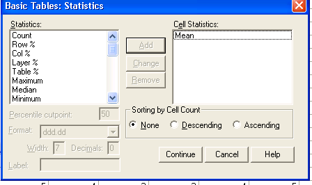 E) Het maken van een kruistabel met gemiddelden in SPSS: 1) Analyse \ tables \ basic tables 2) Kies de variabele die je wil uitdraaien (bijv vr01), een dummy voor het totaal en de variabele waar je