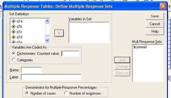 F) Het maken van een (kruis)tabel voor een variabele met meerdere antwoorden mogelijk: 1) Analyse \ tables \ Multiple response tabel 2) Bepaal welke variabelen tot de multiple respons set behoren: