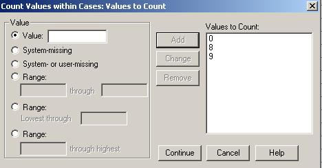 Op deze wijze ontstaat een nieuwe variabele waarin het aantal missing values per persoon samengeteld wordt. U kunt hierbij ook gebruik maken van de optie Count IF.