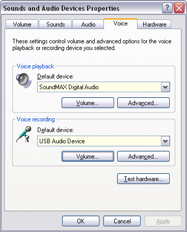 Check the <Audio> and the <Voice> settings to see which soundcard is active. In the <Audio Setup Wizard> the same sound device should be indicated.