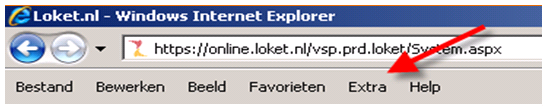 Ga naar het inlogscherm van B-OnLine HRM en klik in uw browser (zoals bv. Internet Explorer) op Extra : Klik vervolgens op internetopties.