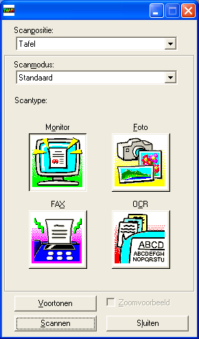 SCANNEN Scannen via een TWAIN-standaardtoepassing (deel ) Instellingen van het scannerstuurprogramma Het installatiescherm van het scannerstuurprogramma bestaat uit het "Installatiescherm", waar u de