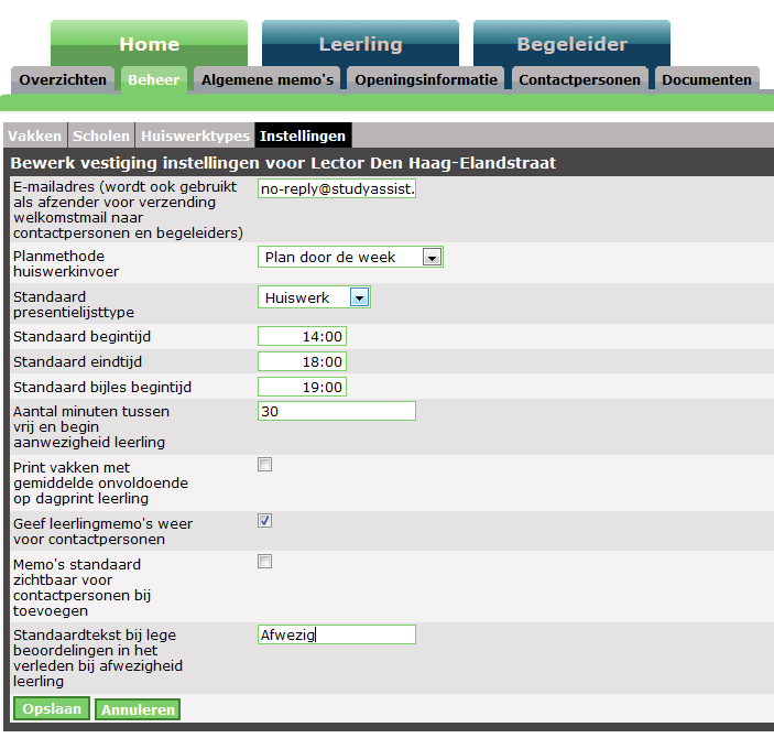 7 2.5 Instellen huiswerktypes Screenshot: Huiswerktypes bewerken/toevoegen Er zijn standaard enkele huiswerktypes ingesteld.