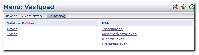 Met de optie Toon PSA functionaliteit worden in de menuopties <entiteitgroep> Invoer, Overzichten en Inrichting de standaard menupaden van Exact Synergy PSA toegevoegd: Wanneer er in een