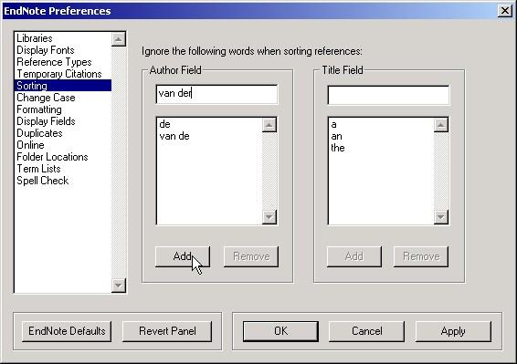 2.1 SORTEERVOORKEUREN AANGEVEN Via Edit, Preferences, Sorting kunt u bij de velden Author en Title aangeven welke woorden bij het sorteren genegeerd