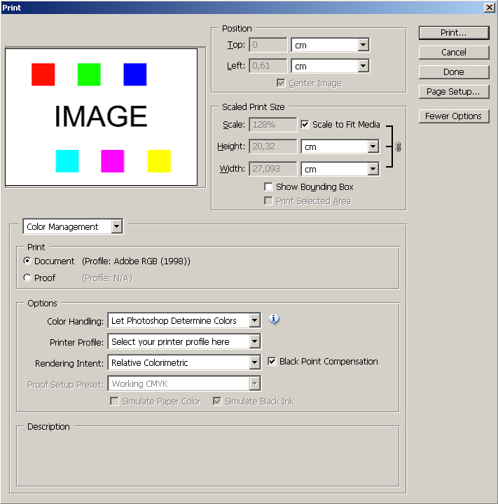 Printen met Profielen - Adobe Photoshop - Pagina 17 van 20 4.2.3 Photoshop 9 (CS2) Kies in Photoshop File > Print with Preview... (Bestand > Afdrukken met afdrukvoorbeeld.