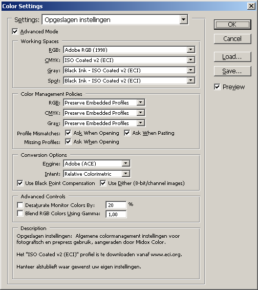 Printen met Profielen - Adobe Photoshop - Pagina 4 van 20 De volgende instellingen zijn gebruikelijk voor workflows die voldoen aan ISO 12647-2: Om ISO Coated v2 (ECI) of een ander profiel toe te