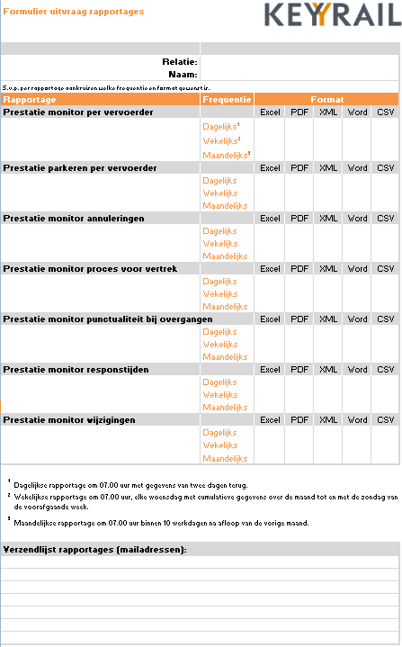 BIJLAGE 8: Standaardoverzichten treindienstafwikkeling Keyrail levert aan spoorwegondernemingen, als onderdeel van de dienst leveren treinpad, een aantal standaard informatieproducten over de