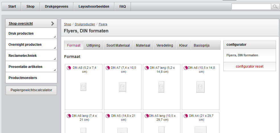 3) Eerst kiezen we het product: drukproducten, flyers. Vervolgens het formaat.