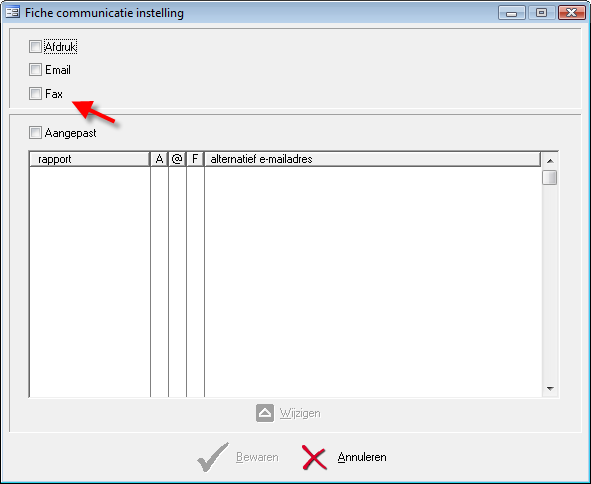 Figuur: Fiche cmmunicatie-instelling fax AFDRUK + E-MAIL + FAX Vink zwel de ptie afdruk, de ptie e-mail als de ptie fax aan indien u: Alle rapprten zwel wenst te laten afdrukken als e-mailen.