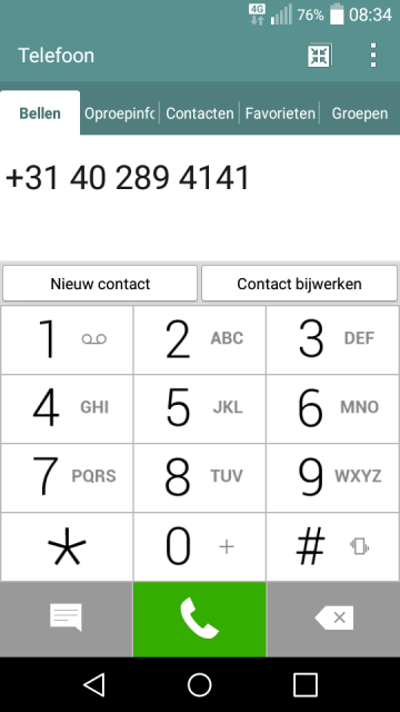 Als u op Bellen drukt, opent onderstaand scherm. Vanuit hier kan gebeld worden met het algemene nummer 040 289 41 41 van de Securitas alarmcentrale: 2.