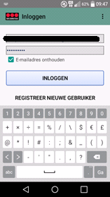 5. Zodra in het scherm van stap 3 op OK gedrukt wordt keert de app terug naar het inlogscherm. In dit scherm kan nu ingelogd worden met het e-mailadres en wachtwoord wat bij stap 2 is ingevoerd.