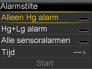 Deze Alarmstilte-instelling Hg+Lg alarm Alle sensoralarmen Zet deze alarmen stil Alarm bij Hoog, Alarm vóór Hoog, Stijgalarm, Alarm bij Laag, Alarm vóór Laag, Stop vóór Laag en Hervat basaal-alarm