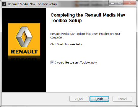 Indien u de optie "I would like to start Toolbox now" ("Ik wil Toolbox nu opstarten") hebt aangevinkt, start de Renault Media Nav Toolbox na de installatie automatisch op.