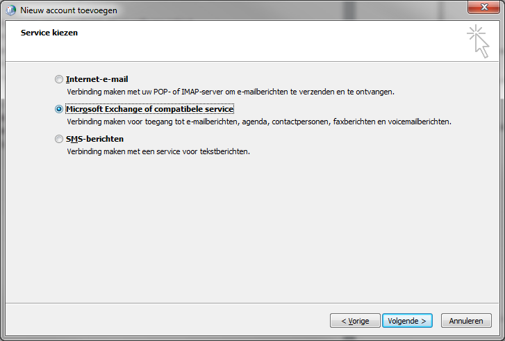 Kies voor een Microsoft Exchange account en klik op