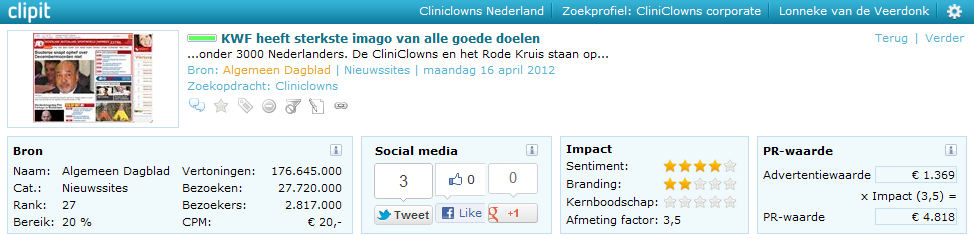 2 Clipit 1. Clipit online media monitoring Clipit brengt in kaart wat er over u, uw campagnes en branchegebieden wordt geschreven binnen online & social media.