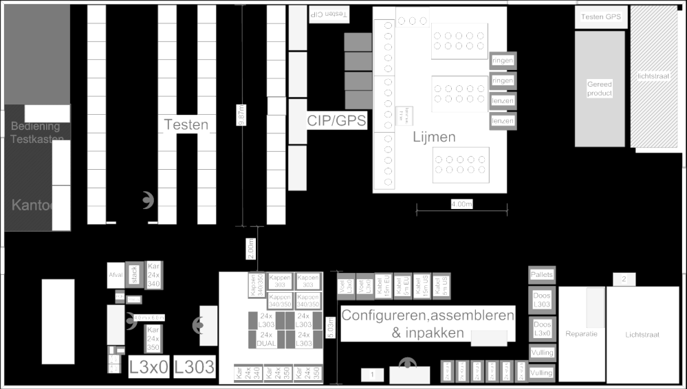 bodem 9.87m Workshop Layout Testen CIP Testen GPS ringen ringen lenzen Gereed product lichtstraat Bediening Testkasten Testen CIP/GPS lijmmac hine Lijmen lenzen Kantoor 4.00m 2.