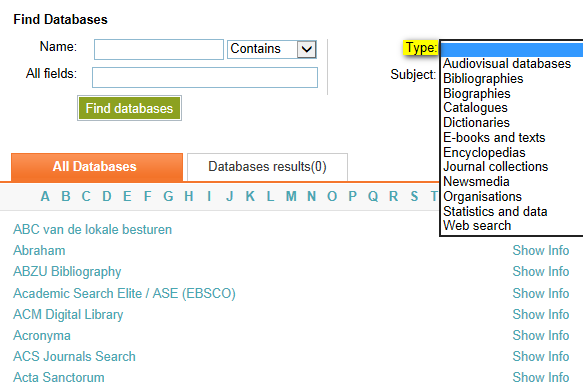 databanken selecteren op domein en/of soort publicaties - Zowel Subject en Type dienen om de keuze van databanken te beperken: By Subject: een databank kiezen met publicaties uit een bepaald