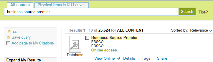 4.2.3.2.2 Business Source Premier extra databanken kiezen Business Source Premier via Limo - Business Source Premier is een andere databank van EBSCO.