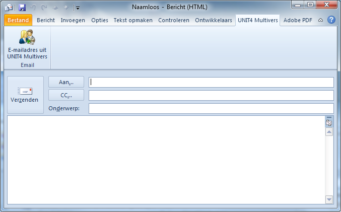 6.5 Een mailadres uit UNIT4 Multivers opvragen in een e-mail Als u in MS Outlook een nieuwe e-mail aanmaakt, kunt u in het mailtje