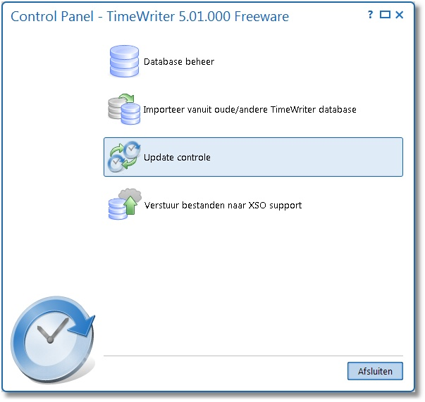 Applicatie en database beheren (ControlPanelFree) Gebruik het programma \control\controlpanelfree om de TimeWriter applicatie en database te beheren.