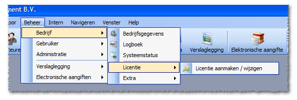 Hoofdstuk: Aanmaken en onderhouden van een licentie - bedrijfsgegevens - a. Kies voor het menu tabblad Beheer b. Kies voor het menu licentie. c. Kies Licentie aanmaken / wijzigen d.