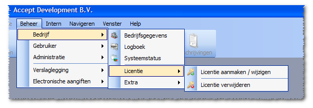 Hoofdstuk: Aanmaken en onderhouden van een licentie - bedrijfsgegevens - 1. Kies voor het menu tabblad Beheer 2. Kies voor het menu licentie. 3.