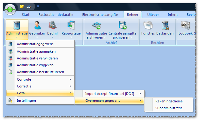 Hoofdstuk: Aanmaken en onderhouden van een administratie a. Kies voor het menu tabblad Beheer b. Kies voor het menu administratie (Pijl onder de administratie). c. Kies Exra d.