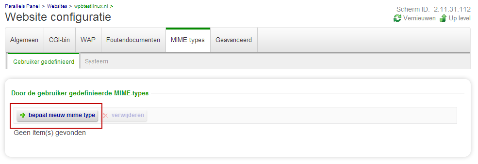 Wilt u een nieuw type MIME aanmaken, klikt u op de button bepaal nieuw mime type. In het veld MIME-type geeft u aan welk type bestand het is.