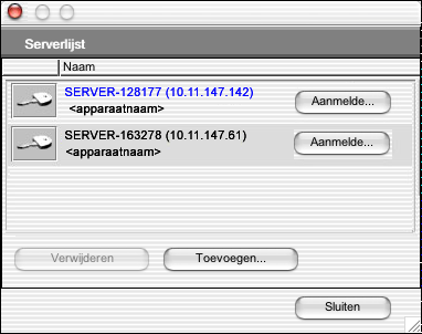 COMMAND WORKSTATION, MACINTOSH EDITION 38 2 Als geen Fiery-servers zijn gevonden, klikt u op het tabblad Handmatig om te zoeken op DNSnaam of IP-adres.