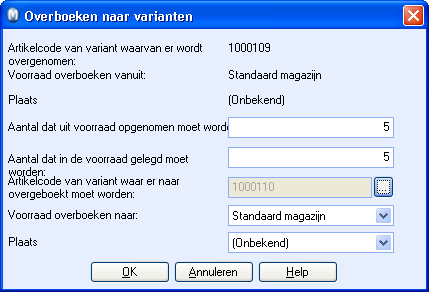 ARTIKEL 3. Klik op Varianttransfer (naar andere variant overbrengen). 4. Typ het aantal in dat uit de voorraad opgenomen moet worden van de variant waarvan u de voorraad overbrengt. 5.