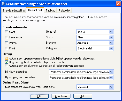 RELATIEBEHEER Relatiekaart Hier voert u de richtlijnen en standaardwaarden in voor nieuwe relaties.