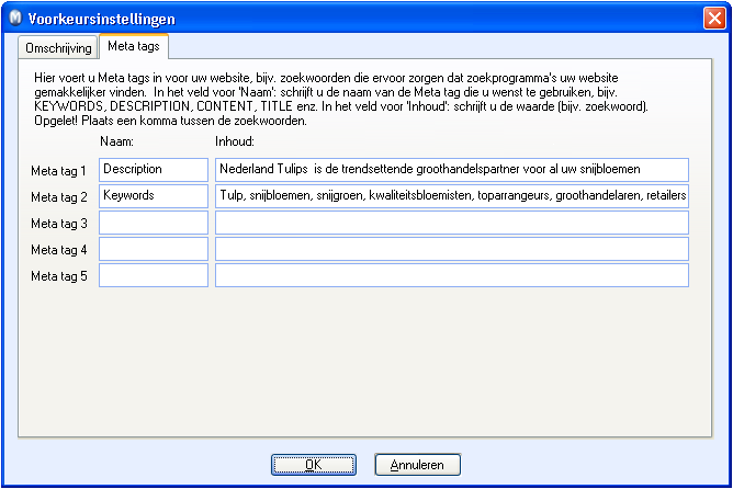 E-COMMERCE Meta tags Op het tabblad Meta tags kunt u informatie over uw website registreren zoals bijv. zoekwoorden, beschrijving, titel enz.