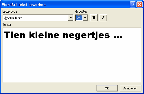 Klik op de werkbalk Object op de knop WordArt invoegen. Klik op de gewenste WordArt-stijl in de WordArt-galerie. Klik vervolgens op OK.