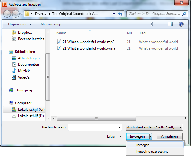 Invoegen van geluidsbestanden 21 In PowerPoint 2007 (en vroegere versies) worden standaard alleen geluidsbestanden met de extensie WAV die kleiner zijn dan 100 kb in de presentatie ingesloten.