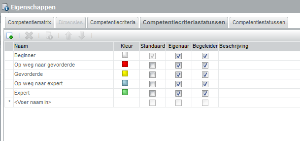 6 Competentiecriteriastatus De competentiecriteriastatussen worden als gekleurde blokjes in de competentiedetails van een competentie getoond.