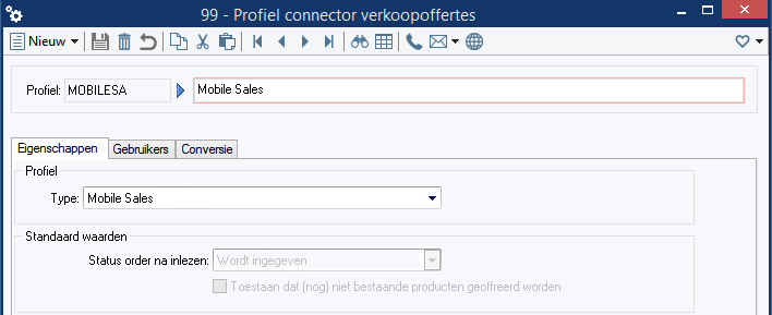 Inrichting Profiel Connector verkoopoffertes Applicatiebeheer Onderhoud Connector Profiel connector verkoopoffertes In deze functie kunt u een profiel aanmaken van het type Mobile Sales.