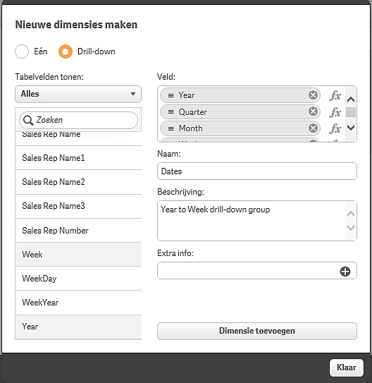5 Werken met masteritems U kunt snel verschillende dimensies toevoegen als masteritems door op Dimensie toevoegen te klikken nadat u elke dimensie hebt toegevoegd.
