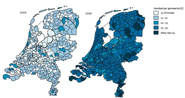 In figuur 11 wordt de bevolkingsontwikkeling per gemeente in de periode 2008 2040 weergegeven. Wat opvalt is dat vooral in de periferie (randen van het land) krimp optreedt in plaats van groei.