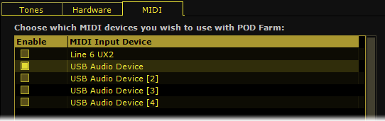 FBV MkII uitgebreide handleiding: Line 6 POD Farm 2 bedienen Preferences - MIDI tabblad op Windows XP Standaard zijn alle poorten voor Line 6 MIDI apparaten geselecteerd.