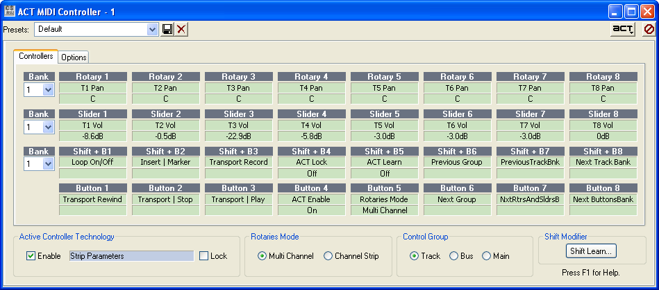 FBV MkII Uitgebreide handleiding: FBV MkII met andere software Klik, in de ACT Controllers Toolbar, op de Controllers/Surfaces Properties knop, aan de rechterkant.