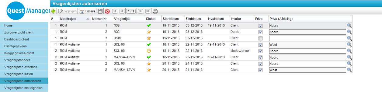 Na selectie van een vragenlijst kan deze voor de cliënt geautoriseerd worden naar een afdeling of juist weer publiek gemaakt worden.
