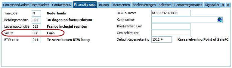 P a g i n a 25 2.9 VALUTA Aan de factuur kan nu ook een valuta worden gekoppeld. Deze valuta wordt gebruikt voor alle bedragen (dus ook voor bedragen op verdeelregels).